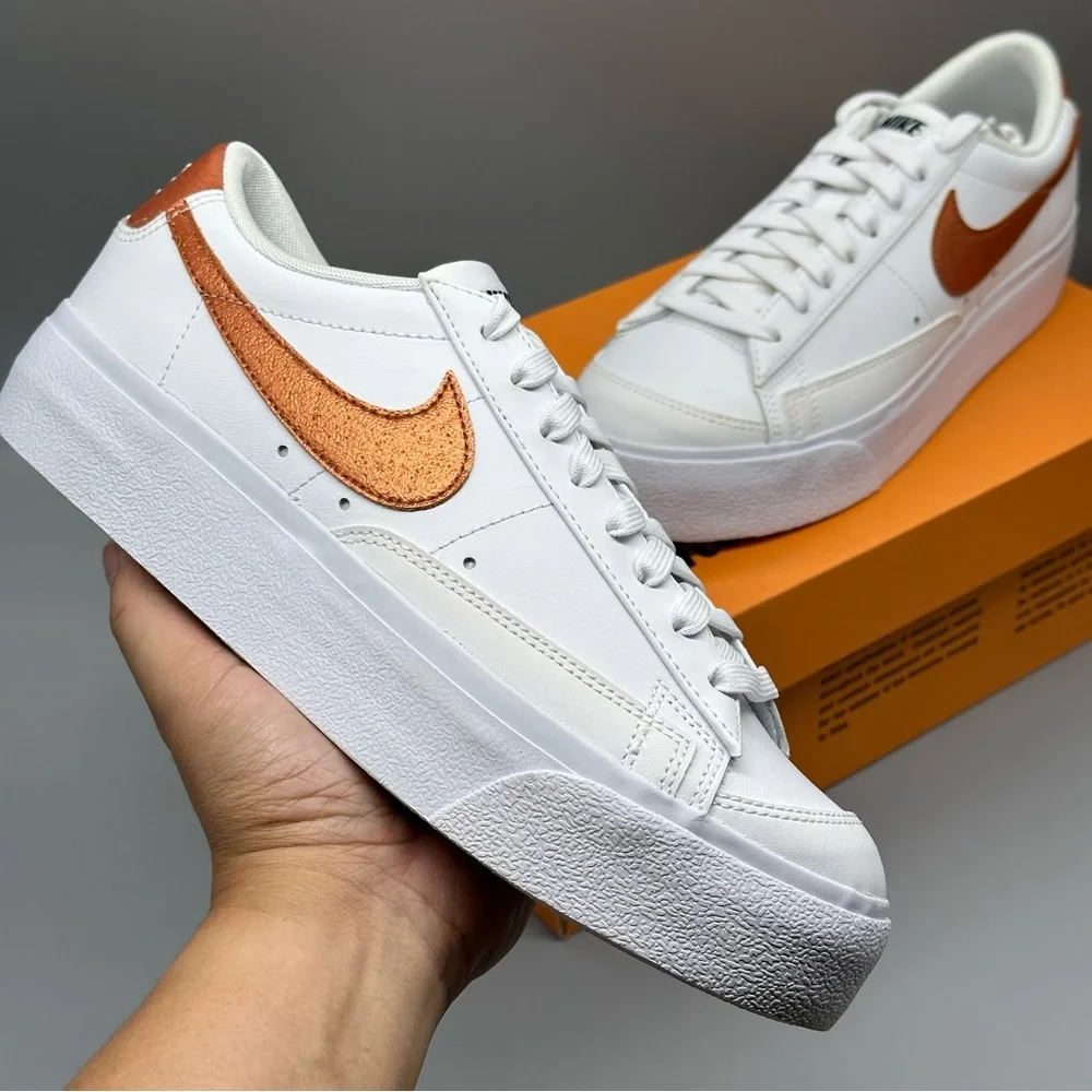 Size 9 Nike Blazer Platform Low White Metallic Copper Sneakers Women New - Picture 1 of 8